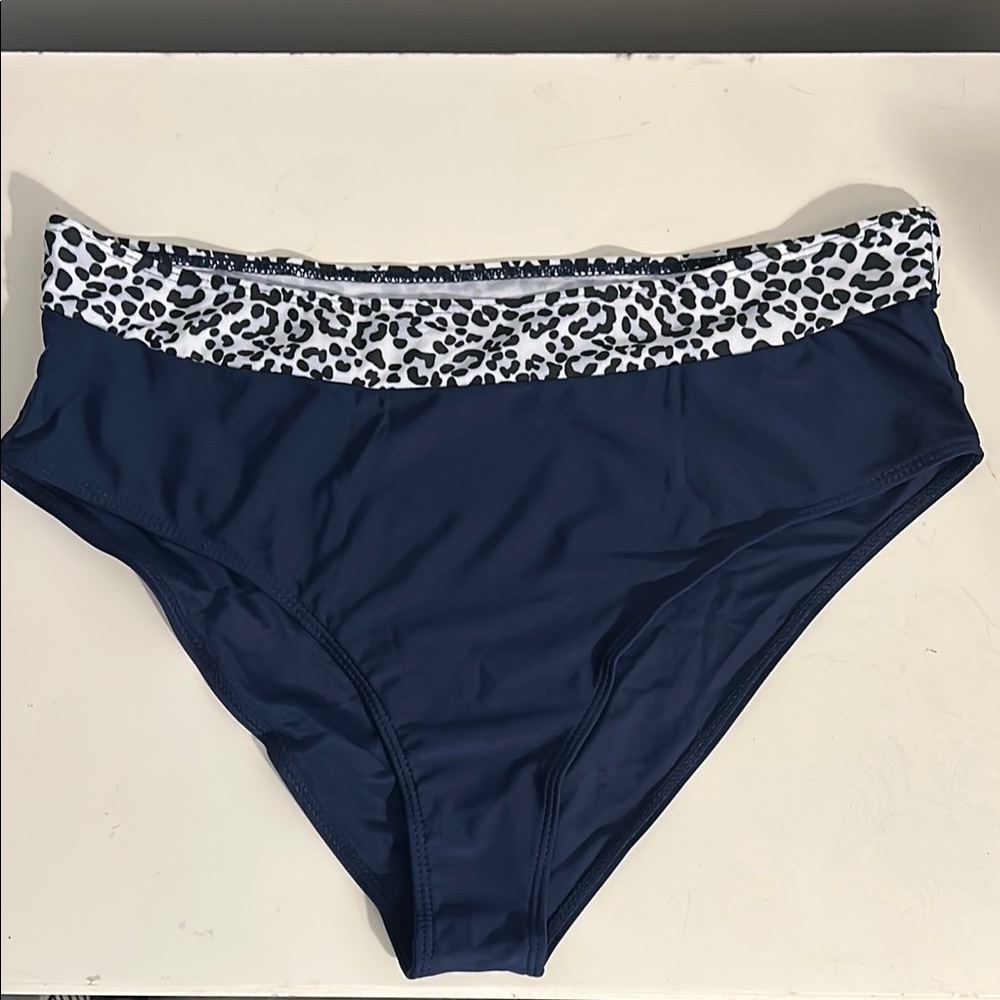 Navy Blue High-Waisted Bikini Bottoms with Leopard Print